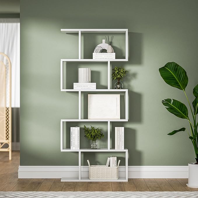5-Tier Geometric Bookcase (Set of 2), 62.6" Tall S-Shaped Bookshelf & Room Divider, Modern White Freestanding Display Shelving Unit for Living Room, Hallway, Home Office