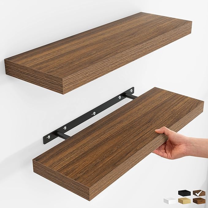 Fun Memories Rustic Wood Floating Shelves for Wall, Space-Saving Wall Mounted Shelves for Bathroom, Bedroom, Living Room and Kitchen, Stylish Storage & Display (Set of 2, Walnut, 24 in)