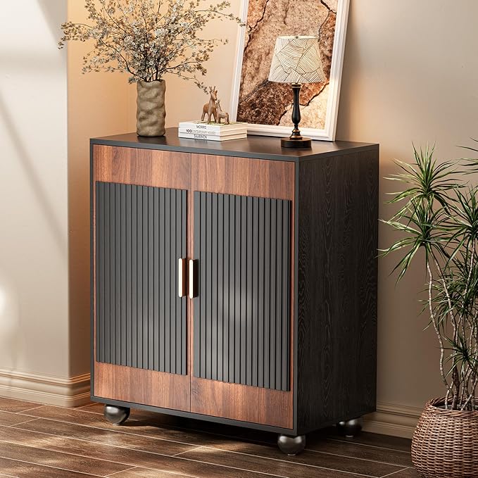 29" Fluted Modular Buffet Cabinet with Storage, Mid Century Modern Sideboard Console Table Credenza w/Adjustable Shelves, Wood Coffee Bar for Living Room/Dining Room/Kitchen/Entryway, Walnut