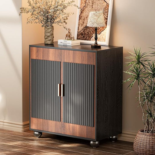 29" Fluted Modular Buffet Cabinet with Storage, Mid Century Modern Sideboard Console Table Credenza w/Adjustable Shelves, Wood Coffee Bar for Living Room/Dining Room/Kitchen/Entryway, Walnut