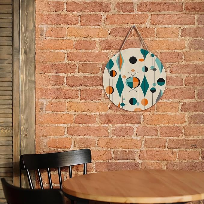 FekiLoot Mid Century Geometric Wooden Wall Art Decor Round Wood Painting Wall Prints Decorative Wall Sign Artworkwith with Pre-Drilled Holes Circular Hanging Picture Hanging Wall Decor