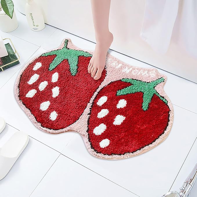 UKELER Cute Strawberry Shape Bathroom Rug for Kids Non Slip Absorbent Bath Mat Washable Shaggy Kids Bedroom Decor Bathroom Door Mat 31.5''x19.7''