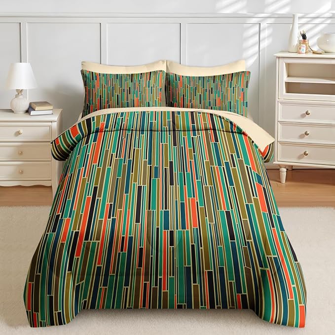 Nesker Comforter Set Full Size, Mid Century Geometric Retro 7 Pcs Bedding for Kids and Adults, 50S Vintage Bed Sheet Sets with Fitted Sheet 2 Pillowcases & 2 Shams