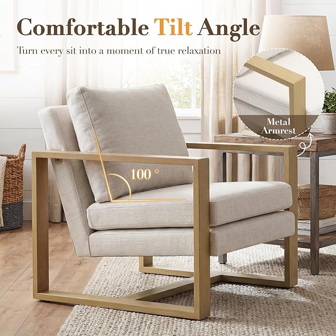 CIMOTA Modern Mid Century Accent Chairs Set of 2 Comfy Armchairs with Armrests Upholstered Reading Lounge Chairs with Metal Frame for Living Room Bedroom Office, Natural Wood Finish Beige