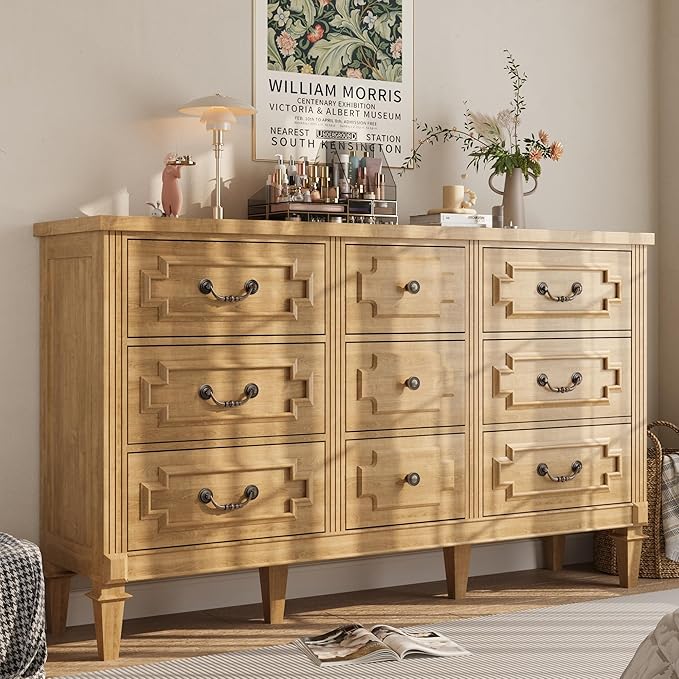9 Drawer Dresser for Bedroom, 35.7" Tall Dresser & Chest of Drawers wtih Vintage Surface, Closet Storage Cabinet for Living Room, Hallway, Natural Oak