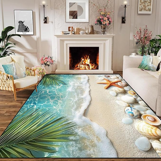 6'x9' Beach Rug Starfish Seashell Area Rugs for Bedroom Living Room Kitchen Nursery Playroom Home Decor Ocean Sea Wave Carpt 3D Non Slip Washable Throw Rug Coastal Seaside Floor Mat
