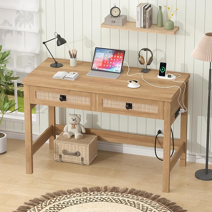 YOMILUVE Rattan Computer Desk with 2 Drawers, 39 Inch Small Desk with Power Outlets, Farmhouse Boho Vanity Desks, Compact Writing Study Table for Small Spaces, Oak