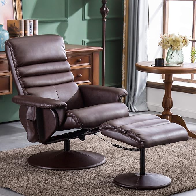 MCombo Recliner with Ottoman, Reclining Chair with Massage, 360 Swivel Living Room Chair Faux Leather, 7902 (Dark Brown)