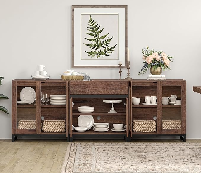 WAMPAT 3 in 1 Modern Sideboard with Adjustable Shelves and Drawer,Storage Cabinet with Glass Doors, Coffee Bar Cabinet for Living Room, Kitchen, Brown