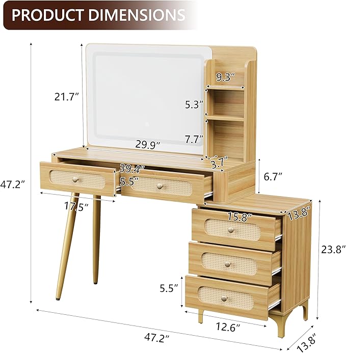 47" Mid-Century Modern Makeup Vanity Table with Mirror & Lights Vintage Vanity Desk with 3-Color Dimming Light 5 Drawers 3 Open Shelves Natural Wood Vanity with Rattan Decor & Metal Legs