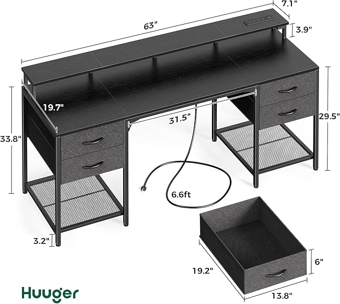Huuger 63 inch Computer Desk with 4 Drawers, Gaming Desk with LED Lights & Power Outlets, Home Office Desk with Large Storage Space for Bedroom, Work from Home, Black