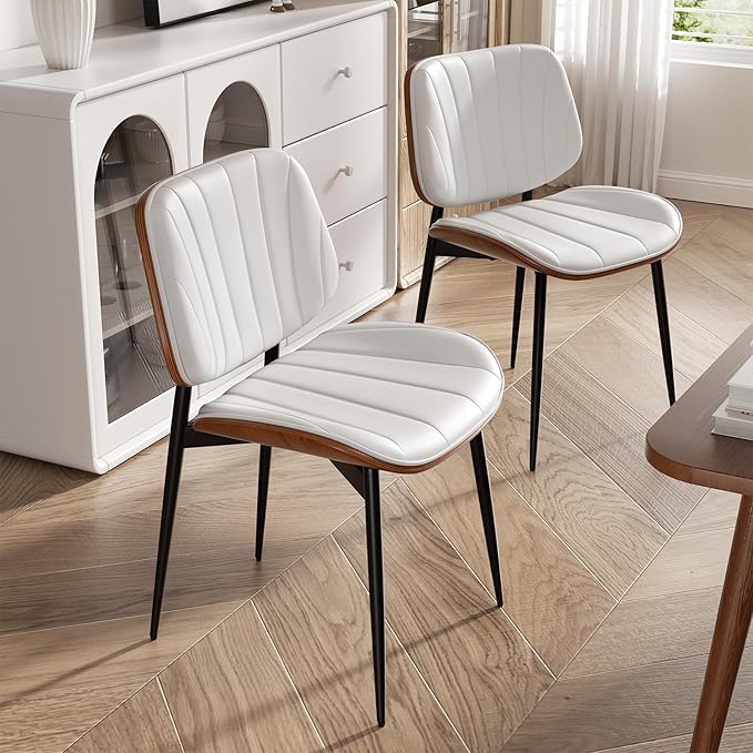 Dining Chairs Set of 8, Mid Century Modern Dining Room Chair, Upholstered Faux Leather Kitchen Chairs with Walnut Bentwood Back and Metal Legs for Kitchen Dining Room Living Room, White