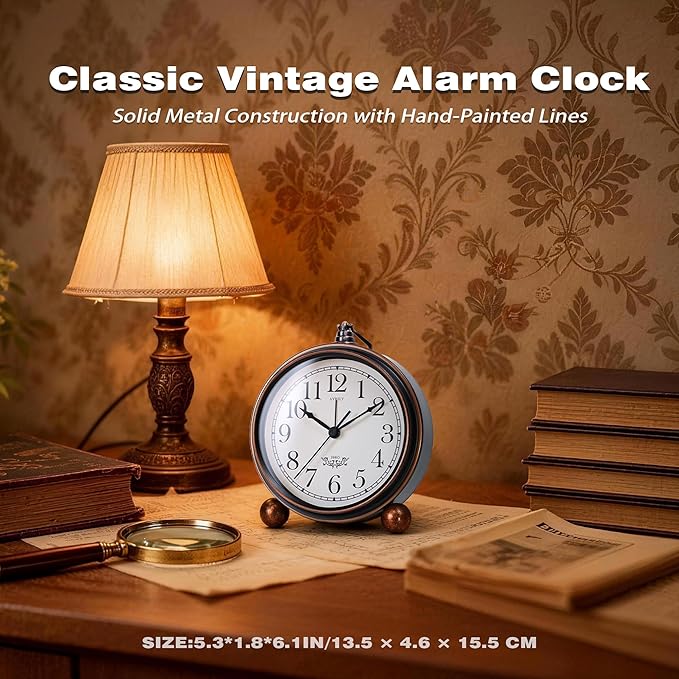 AYRELY® 5.3" Vintage Analog Alarm Clock, Battery Operated Metal Desk Clock, Retro Table Clock with Light for Living Rooms, Bedrooms, Shelf, Home Decor (Black)