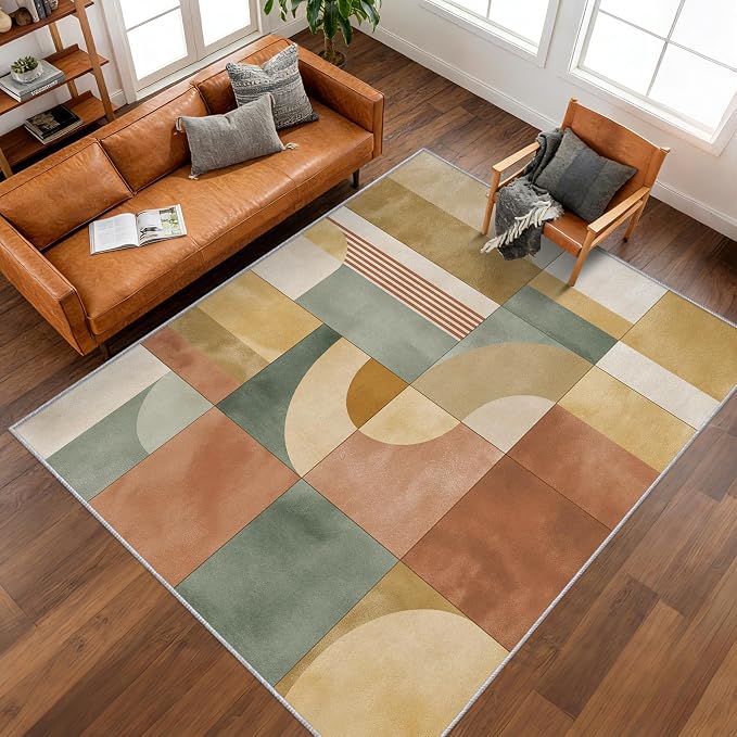 8x10 Mid Century Modern Rugs for Bedroom Decor, Washable Abstract Geometric Pattern Area Rug, Living Room Home Decoration, Non Slip Soft Thin, Mid Century Decor Large Carpet PF-P 117