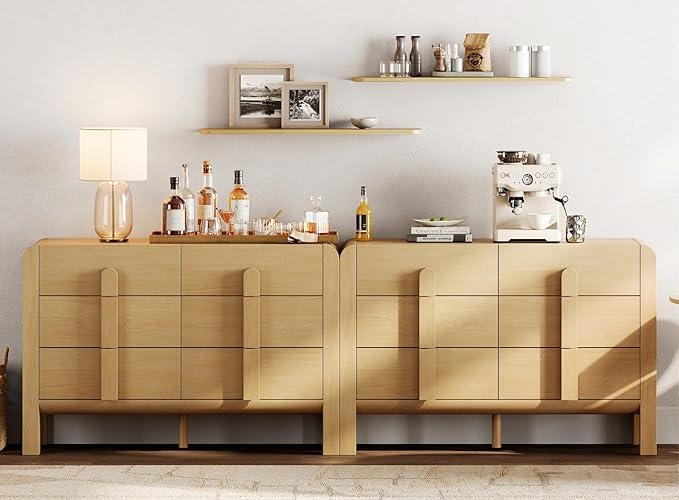 WAMPAT 94.4" W Buffet Cabinet with 12 Drawers, Modern Sideboard Buffet Cabinet with Storage, Buffet Table Coffee Bar Wine Bar Storage Cabinet for Dining Room, Living Room, Hallway, Oak