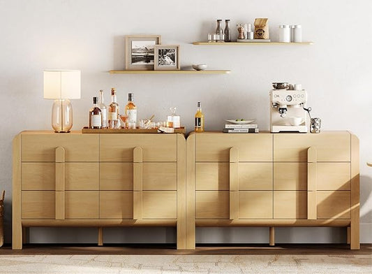 WAMPAT 94.4" W Buffet Cabinet with 12 Drawers, Modern Sideboard Buffet Cabinet with Storage, Buffet Table Coffee Bar Wine Bar Storage Cabinet for Dining Room, Living Room, Hallway, Oak