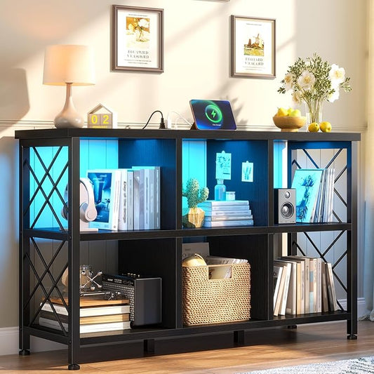 DurayLoly 6 Cube Storage Organizer with LED Light and Charging Station, Wood and Metal Cube Shelf as Long Horizontal Book Shelf for Bedroom Home Office, Black