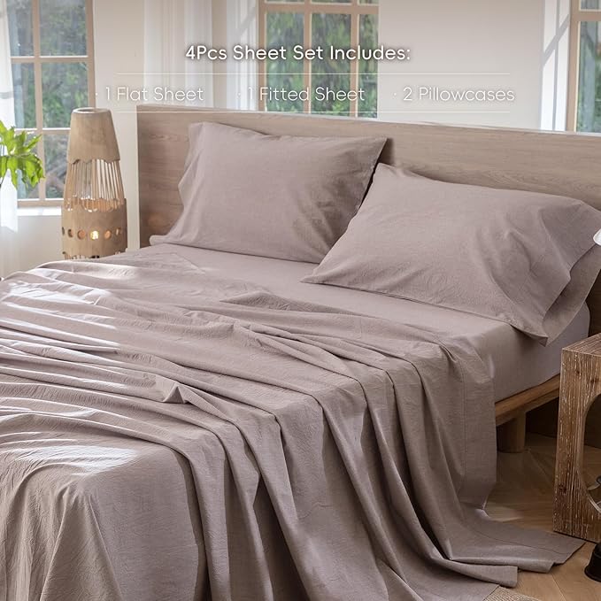 MooMee Bedding Sheet Set 100% Washed Cotton Linen Like Textured Breathable Durable Soft Comfy (Heathered Mauve Brown, King)