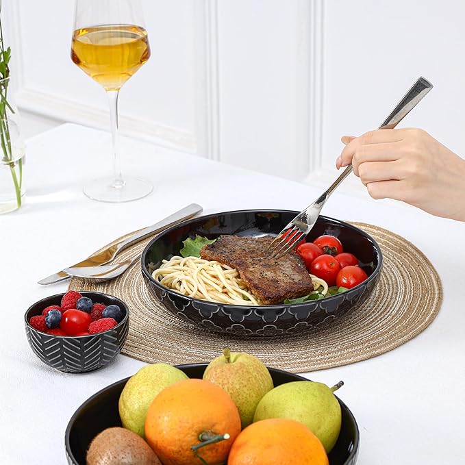 Sureasy Pasta Bowls Set of 4-30oz Large Embossed Salad Bowls, 8.5 Inch Wide and Shallow Plate Bowls, Salad Bowl, Microwave, Oven & Dishwasher Safe, Black