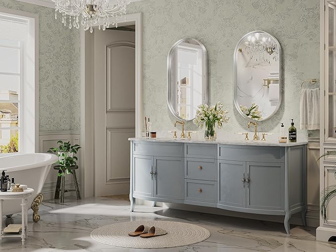Brightify Silver Oval Mirror for Bathroom 20x36 Inch, Metal Framed Vanity Silver Mirrors, Modern Pill Shape Mirror for Bedroom Living Room Wall Decorative Hang Vertical and Horizontal