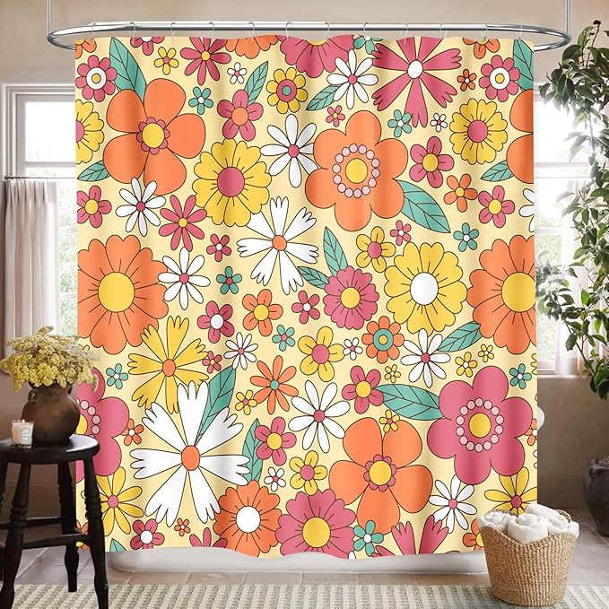 70s Floral Shower Curtain for Bathroom,Rustic Hippie Groovy 70s Daisy Flower Cute Colorful Funky Trippy Vintage Boho Waterproof Fabric Shower Curtain Set with Hooks, 72"x78"