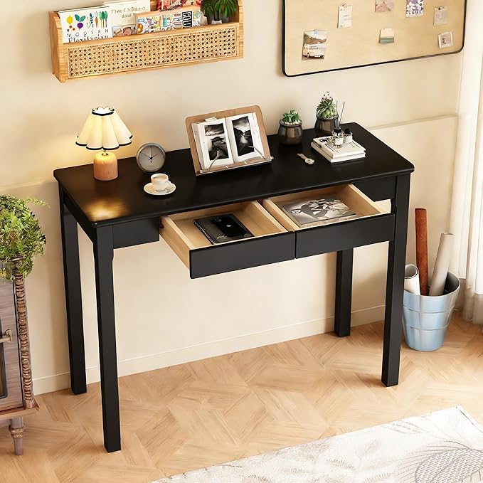 Solid Wooden Desk with Drawers - 39 x 16 Inch Modern Narrow Desks, Rubberwood Simple Study Table, Small Writing Desk for Bedroom|Small Spaces - Black Desks