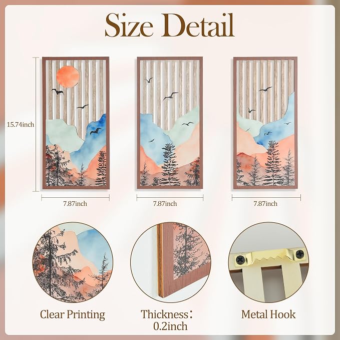 Rustic Forest Mountain Wall Art Set of 3 - Nature Inspired Wood Wall Decor Panels for Living Room, Bedroom, Cabin & Office - Minimalist Landscape Pictures of Nature (Landscape - 15.7 x 7.87 inch)