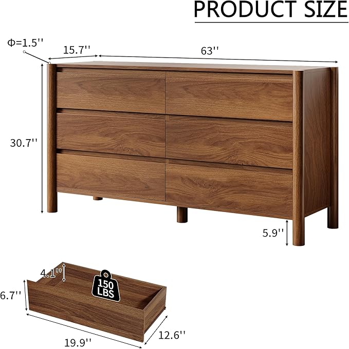 47" Wide 6-Drawer Dresser, Farmhouse Storage Chest with Solid Wood Legs, Large Organizer TV Stand for Bedroom, Living Room & Hallway, Walnut Finish