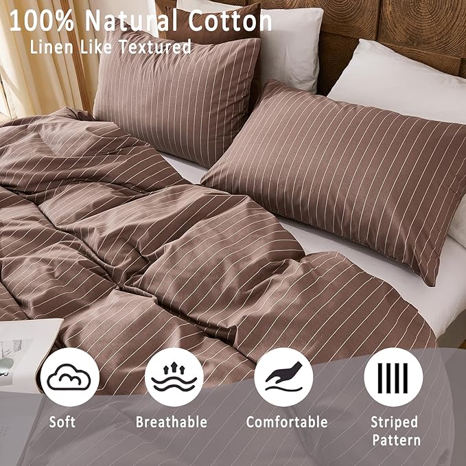 Merryword 100% Cotton Duvet Cover Set Queen Size, Brown Pinstripe Bedding Set with 2 Pillowcases, Soft Breathable Comforter Cover, Natural Cotton Linen Like Bedding Set for Cozy Home Bedroom