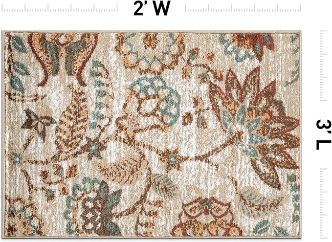 Rugshop Beige Floral Area Rug 2x3- Vintage Botanical Indoor Carpet for Living Room, Bedroom, or Dining Room – Non-Shedding, Soft Low-Pile Traditional Rug 2' x 3'