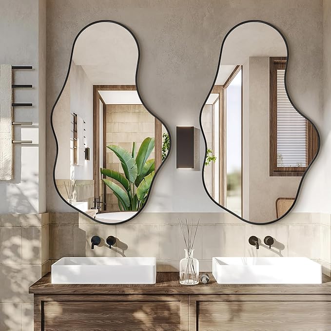 Irregular Wall Mirror - Wall Mirrors Decorative 22"x 36" Asymmetrical Abstract Mirror Aviation Aluminum Alloy Frame Unique for Bathroom, Bedroom, Living Room, Cloakroom, Entryway Black