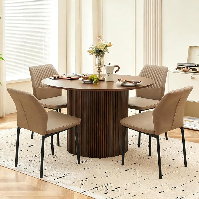 Dining Table Set for 4, 47" Wooden Round Kitchen Table with PU Leather Chairs for Kitchen Room and Small Spaces(Walnut Table + 4 Beige Chairs)