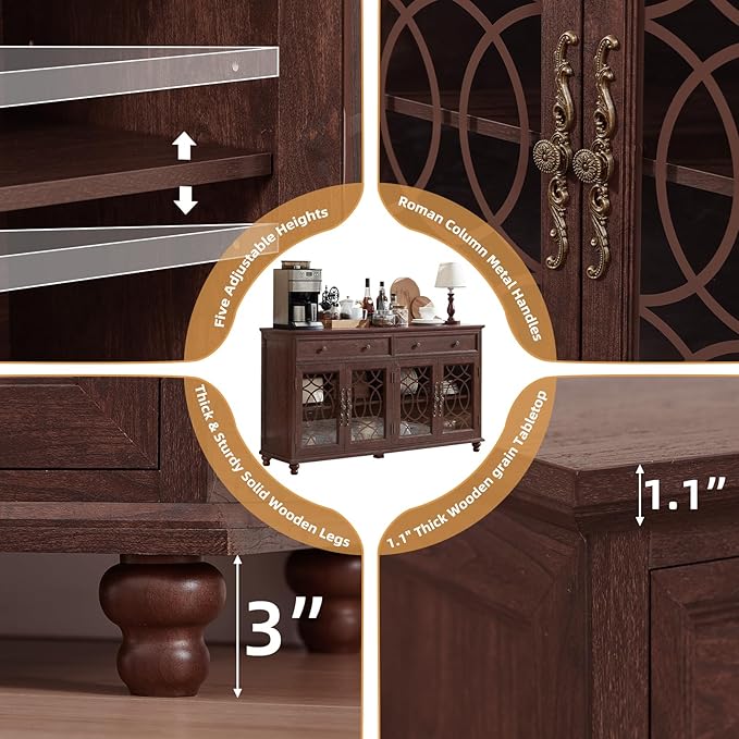 Large Sideboard Buffet Cabinet Set of 2 with Storage,59" Credenza with 4 Glass Doors & 2 Drawers,Adjustable Shelves Coffee Bar,Wood Kitchen Console Table for Dining Room,Walnut