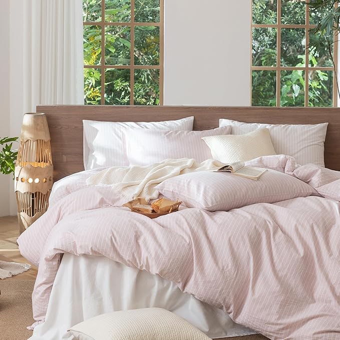 MooMee Striped Duvet Cover Set 100% Washed Cotton Linen Like Textured Breathable Durable Soft Comfy (Heathered Greyish Pink White Wide Stripes, Oversized Full 82"x86")