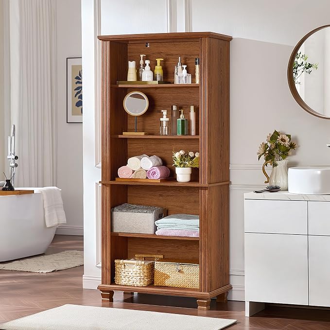 SAVOR LIFE 70" Tall Brown Bookshelf,5 Tier Wooden Book Shelf with Adjustable Shelves & Wood Legs,Free Standing Farmhouse Bookcase with Open Display Storage,Vintage Bookshelves for Classroom, 2PCS