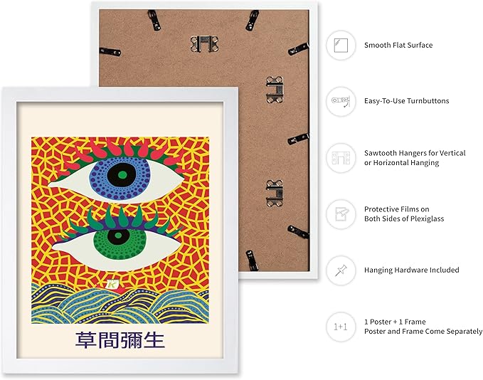 Poster Master Vintage Poster - Retro Pop Art Print - Gift for Artist, Friend - Two Eyes, Japanese, Dots, Modern, Abstract - Wall Decor for Living Room, Office, 11x14 White Framed