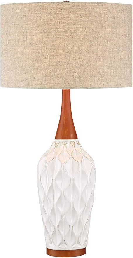 360 Lighting Rocco Mid Century Modern Table Lamp 30" Tall White Wave Geometric Ceramic Oak Wooden Neck Tan Fabric Drum Shade for Cottage Core Living Room Bedroom House Bedside Nightstand Home Office