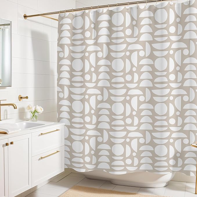 Beige White Abstract Print Shower Curtain - Boho Pattern - Modern Minimalist Home Decor - Neutral Scandi Style Fabric Shower Curtain For Any Bathroom - 72x72 Inches (Neutral Half Circle)