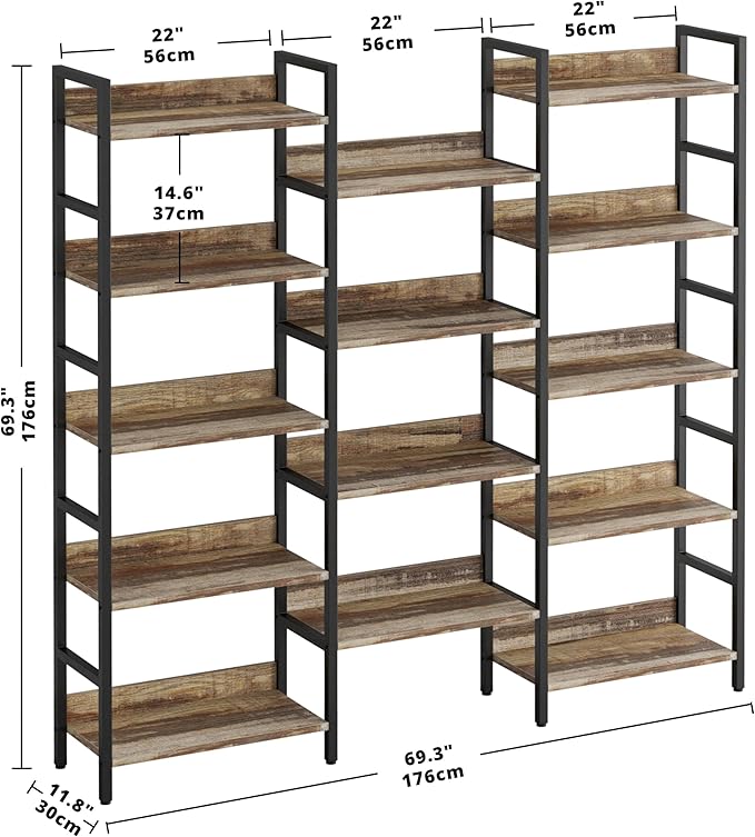 IRONCK Book Shelf, Bookshelves and Bookcases, 5 Tiers Bookshelf with Baffles, Large Bookshelf with Metal Shelving, Triple Wide Shelves for Living Room, Home Office