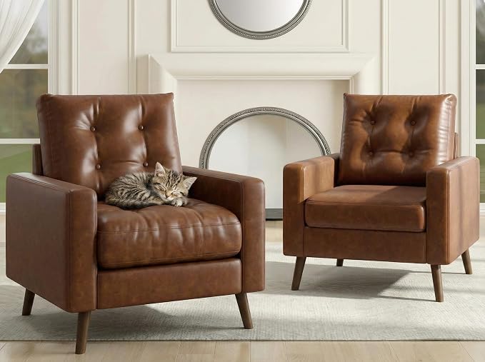 HNY Set of 2 Mid Century Modern Armchair, Button Tufted Faux Leather Accent Chair with Arm, Upholstered Club Chair for Living Room, Bedroom, Rubber Wood Legs, Caramel