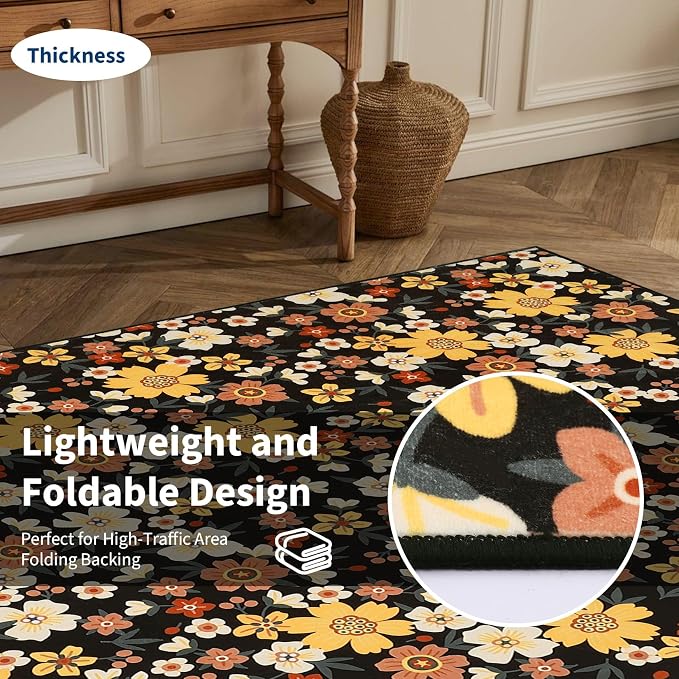 9x12 Area Rug Washable Modern Floral Rug for Living Room Low Pile Soft Bedroom Rugs Non Slip Modern Indoor Large Carpet Thin Foldable Floral Carpet for Nursery Dining Playroom, Black