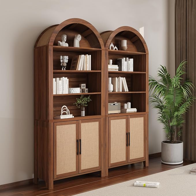 Janmer Home 71" Tall Arched Bookcase with Storage, Modern 6-Tier Cabinet with Door, Arched Bookshelf Cabinet with Open Display Storage Shelf for Living Room (Walnut,)