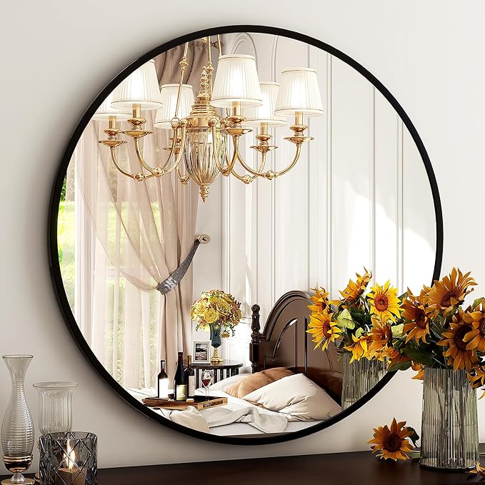 HARRITPURE Round Mirror 24 Black Wall Mounted Circle Mirrors Vanity Mirror with Brushed Aluminum Alloy Frame Modern Decoration for Bathroom, Living Room, Vanity, Bedroom, Entryway