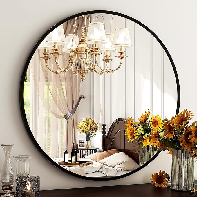 HARRITPURE Round Mirror 19.6 Black Wall Mounted Circle Mirrors Vanity Mirror with Brushed Aluminum Alloy Frame Modern Decoration for Bathroom, Living Room, Vanity, Bedroom, Entryway