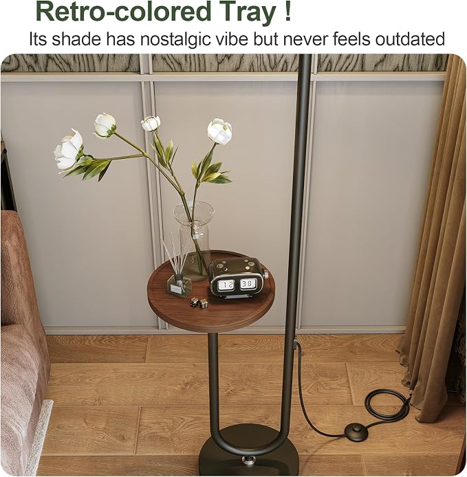 62.9" Floor Lamp with Table Brown, Black Lampshade Vintage Standing Lamp with Tray Foot Switch, 3 Color Temperatures LED Bulb Included, for Living Room, Bedroom