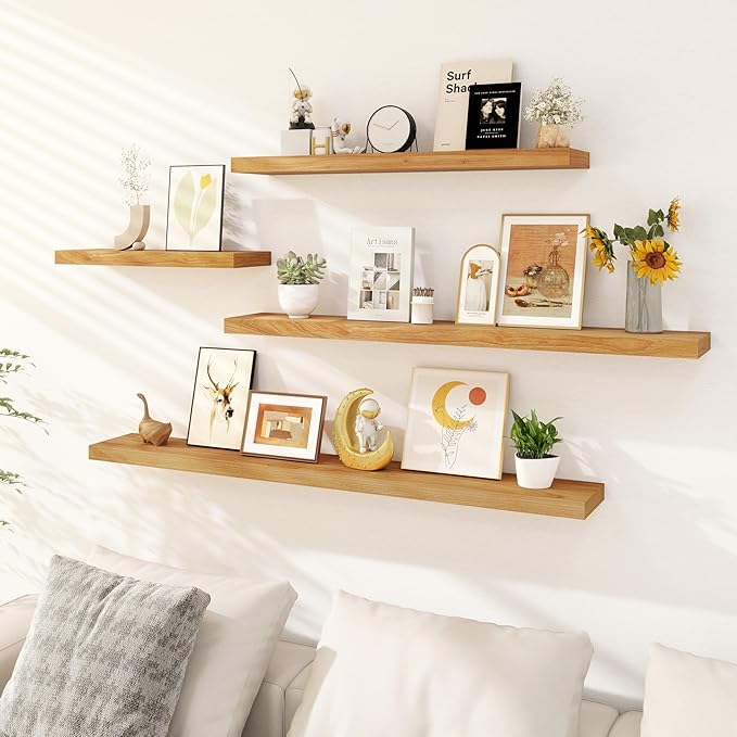 8 Inch Deep Floating Shelves, USA-Sourced Rustic Elm Wood Wall Shelves for Storage, Wall Mounted Display Shelving with Invisible Heavy-Duty Metal Bracket (Natural, 24" W x 8" D, Set of 2)