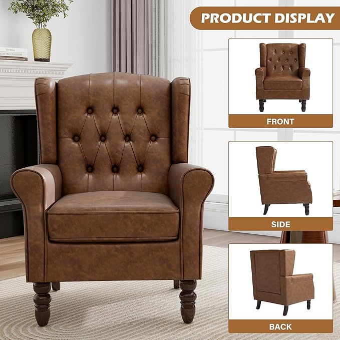 Mid-Century Modern 2-Piece Wingback Chair Set - Luxe Faux Leather Accent Chairs with Wooden Legs, Easy-Clean Lounge Seating for Living Room, Home Theater & Dining Room - PU Leather Matched Pair Brown