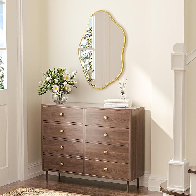 Keonjinn Gold Irregular Mirrors for Wall 24" x 36" Inch, Asymmetrical Metal Frame, Tempered Glass Decorative Mirror for Bathroom, Bedroom, Living Room, Entryway(Horizontal/Vertical)