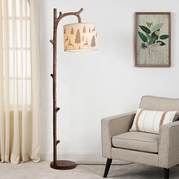 70" Farmhouse Rustic Floor Lamps for Living Room, Brown Vintage Tree Trunk Standing Tall Lamp Faux Wood with Fabric Drum lampshade, Vintage Reading Floor Light for Bedroom Office Hotel