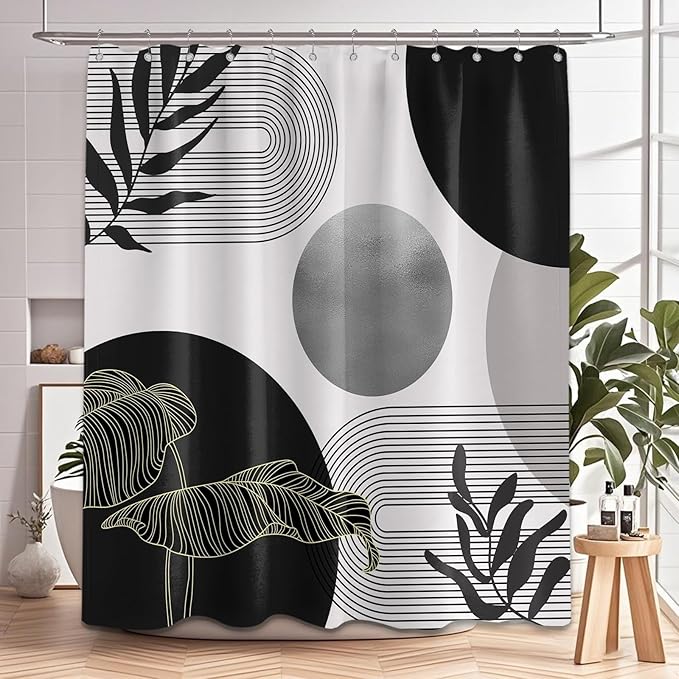 Black and Grey Shower Curtain Black White Gray Mid Century Modern Shower Curtains for Bathroom Decor Boho MCM Mens Cool Bath Curtain Set, Waterproof Fabric with Hooks 70 x 84 Inch